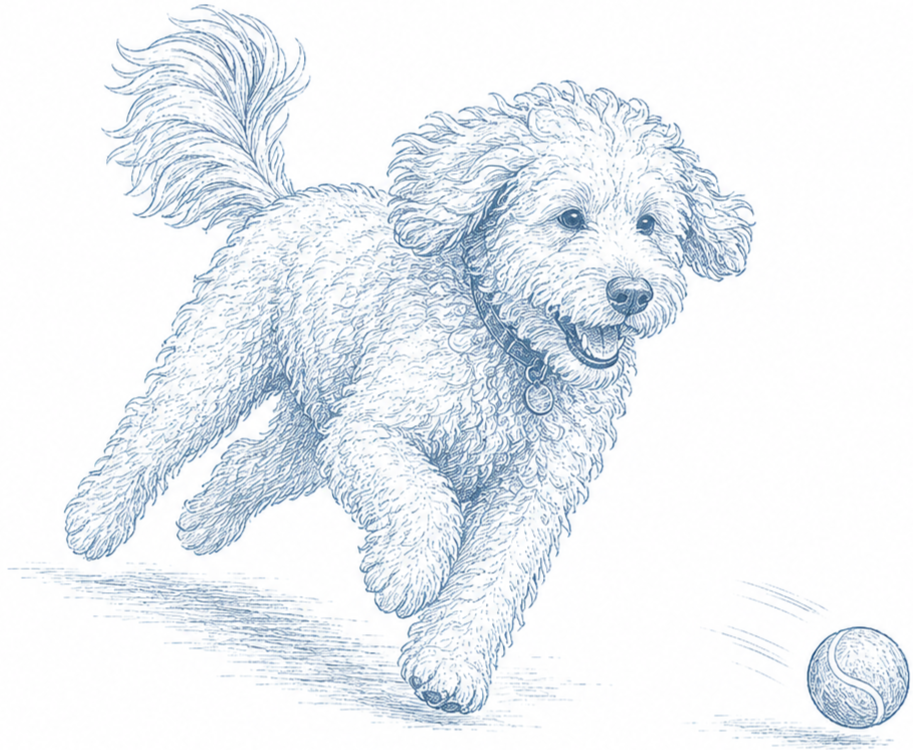 A detailed line drawing of a happy, fluffy dog running after a tennis ball.