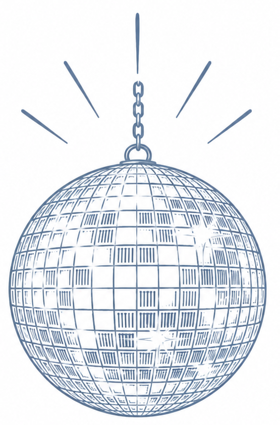 A sketch of a disco ball hanging from a chain with radiating lines around it.