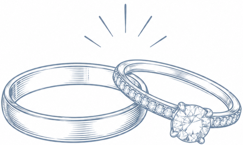 Drawing of a wedding ring with diamonds and an engagement ring, with lines indicating sparkle.
