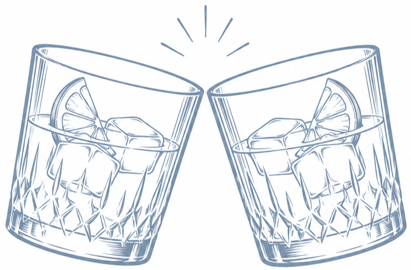 Two glasses clinking together with ice and lemon slices inside, in a minimalist line art style.