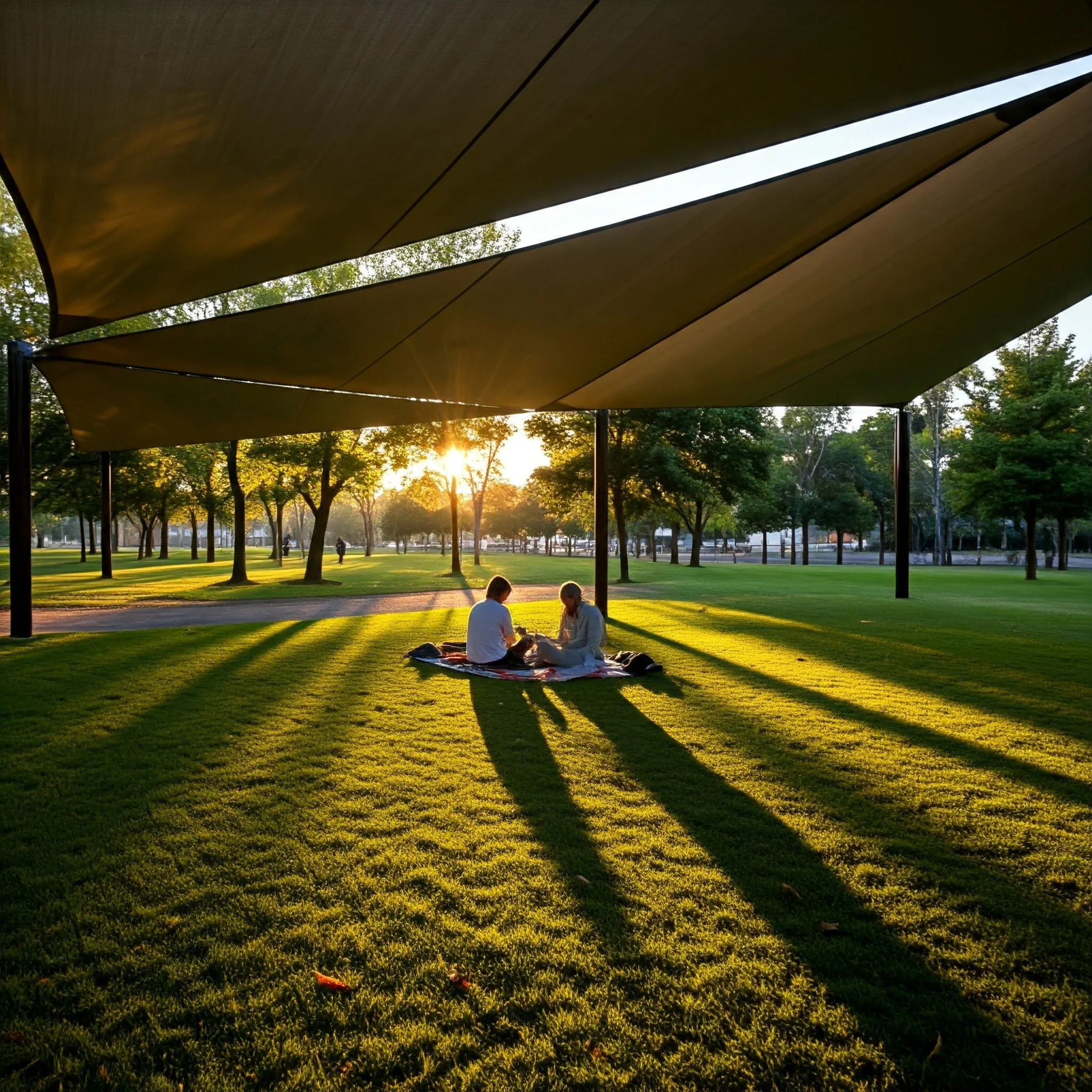 A park scene during sunset with a large modern shade sail canopy structure, trees, and two people sitting on the grass.