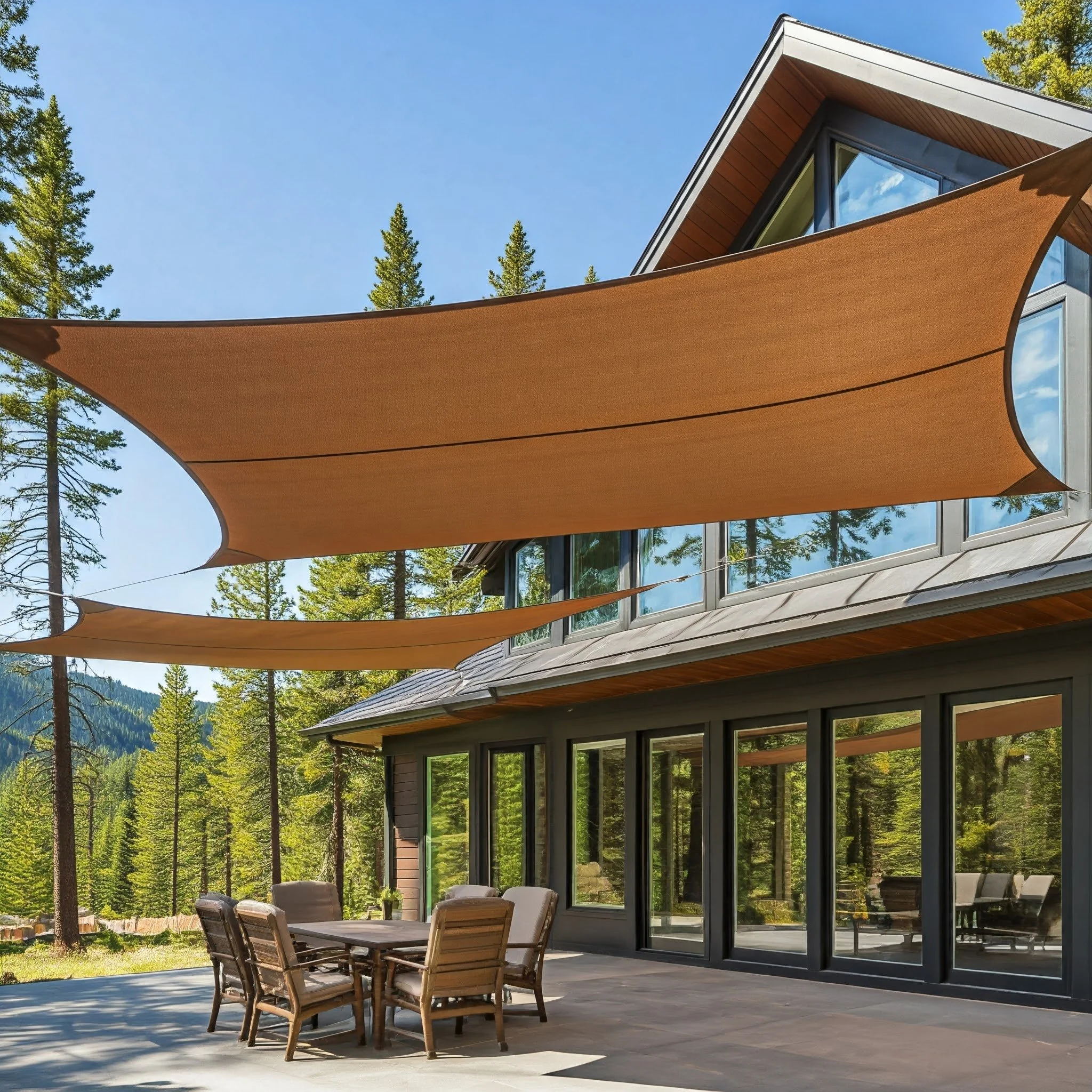 Backyard patio with outdoor dining table and chairs, beige shade sail, and modern house with large windows, surrounded by trees and a mountain view.