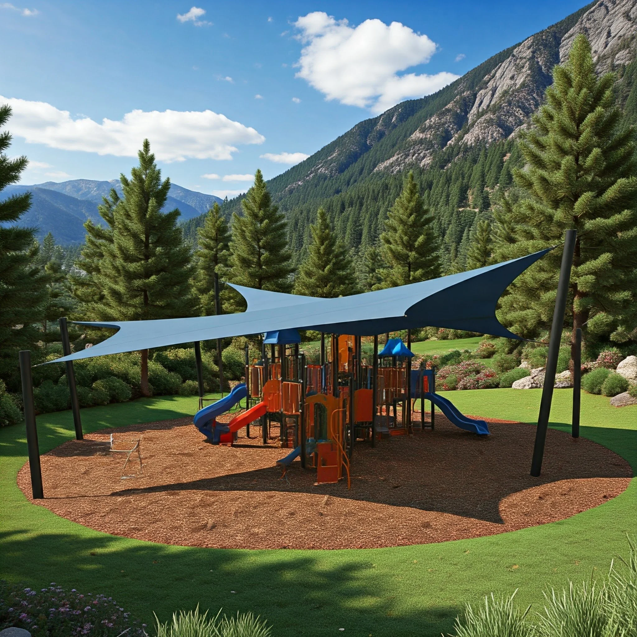 A playground protected from the UV by a shade sail, surrounded by lush greenery and tall pine trees, with a mountain range and partly cloudy sky in the background.
