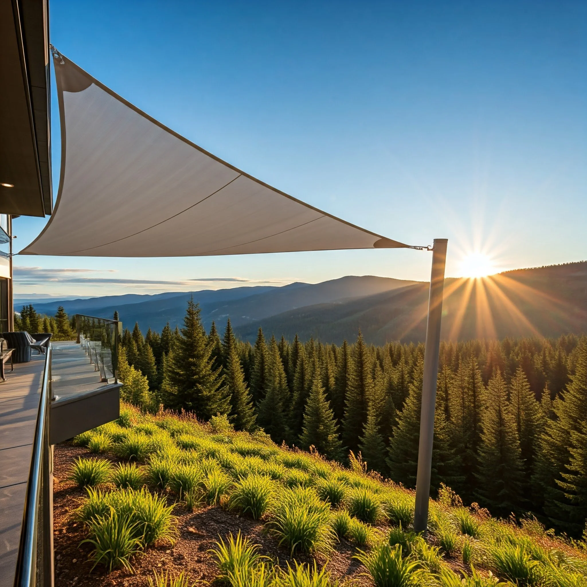 Sunset over a forested mountain landscape viewed from a deck with sail-like shade sail and glass railing, with plants near the deck and a clear blue sky.