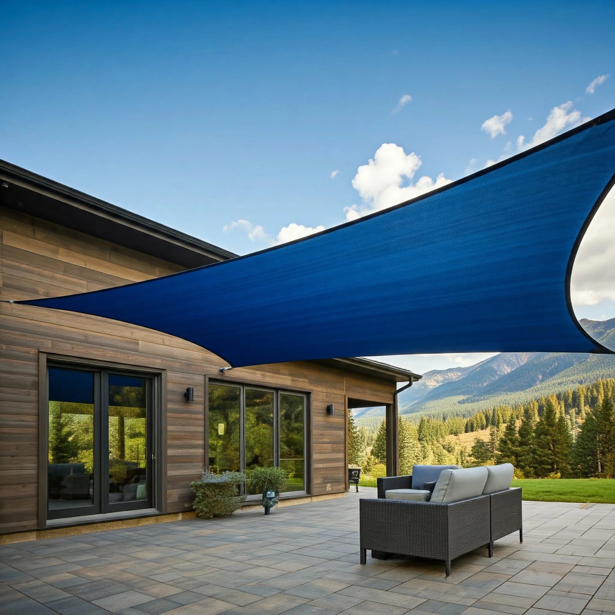 Modern house with wooden siding and large glass doors, outdoor patio with furniture, a large blue shade sail, lush green landscape, mountains in the background, and a clear blue sky with clouds.