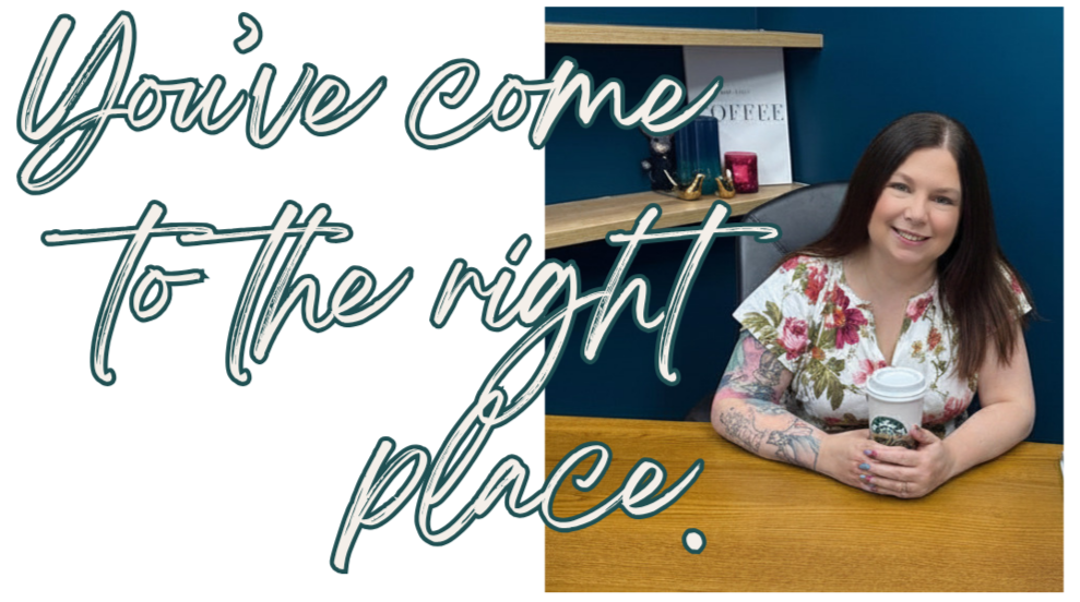 A woman sitting at a wooden table in a coffee shop holding a Starbucks coffee cup, with shelves and decorations in the background. Overlaid text reads 'You've come to the right place.'