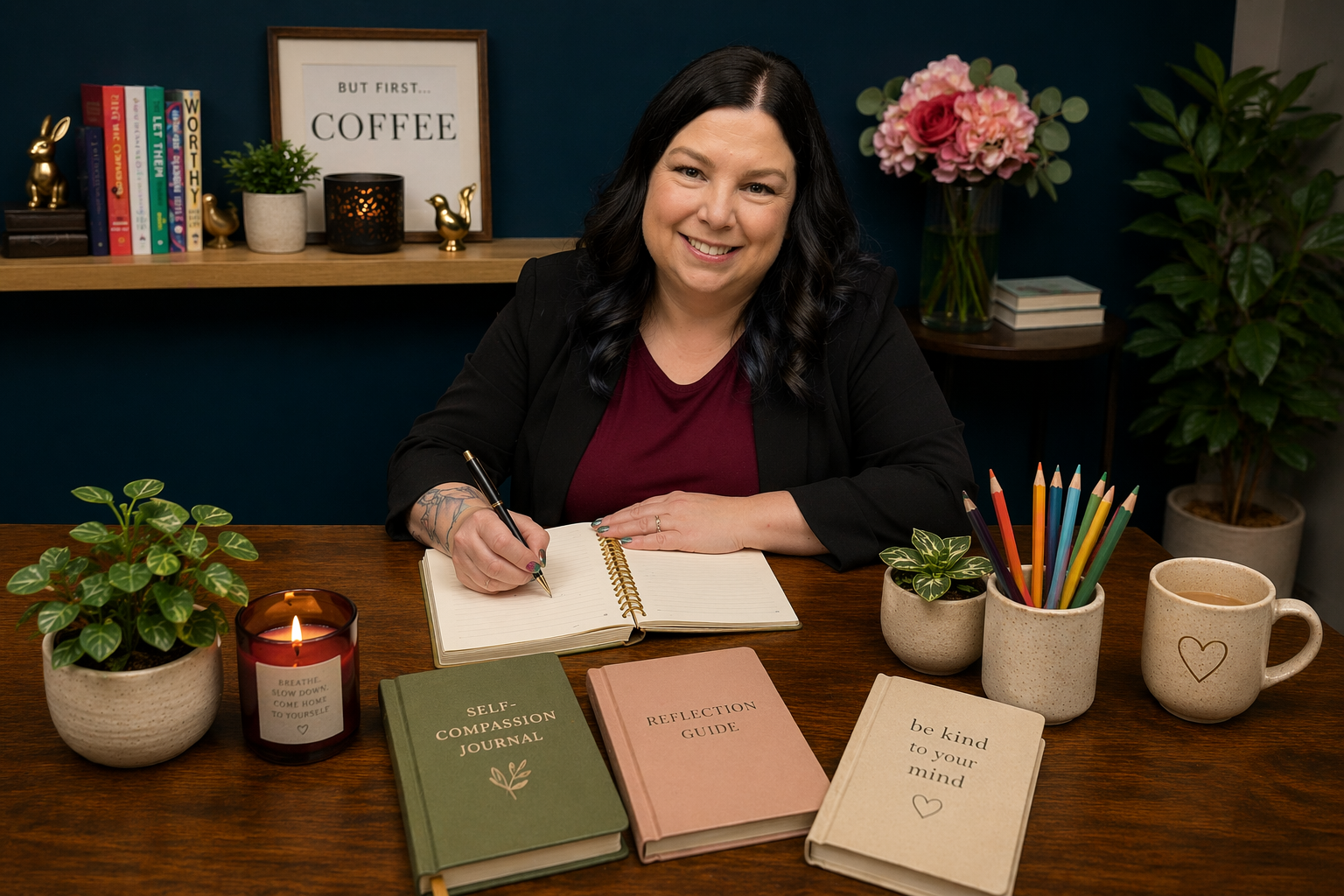 A woman with dark hair, wearing a black blazer and maroon top, sits at a wooden desk with notebooks, a pot of colored pencils, a mug, and plants, smiling while writing in a notebook.