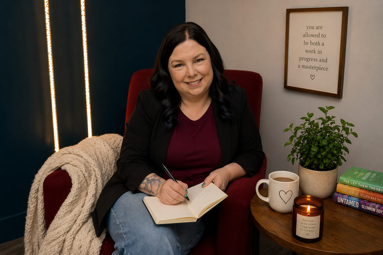 A woman with dark hair and tattoos on her arm sitting in a red armchair, writing in a notebook. She is wearing a black blazer and a maroon shirt. There is a cozy blanket over the armrest, a plant, a mug, a candle, and books on a nearby table. A framed quote on the wall reads, 'you are allowed to be both a work in progress and a masterpiece.'