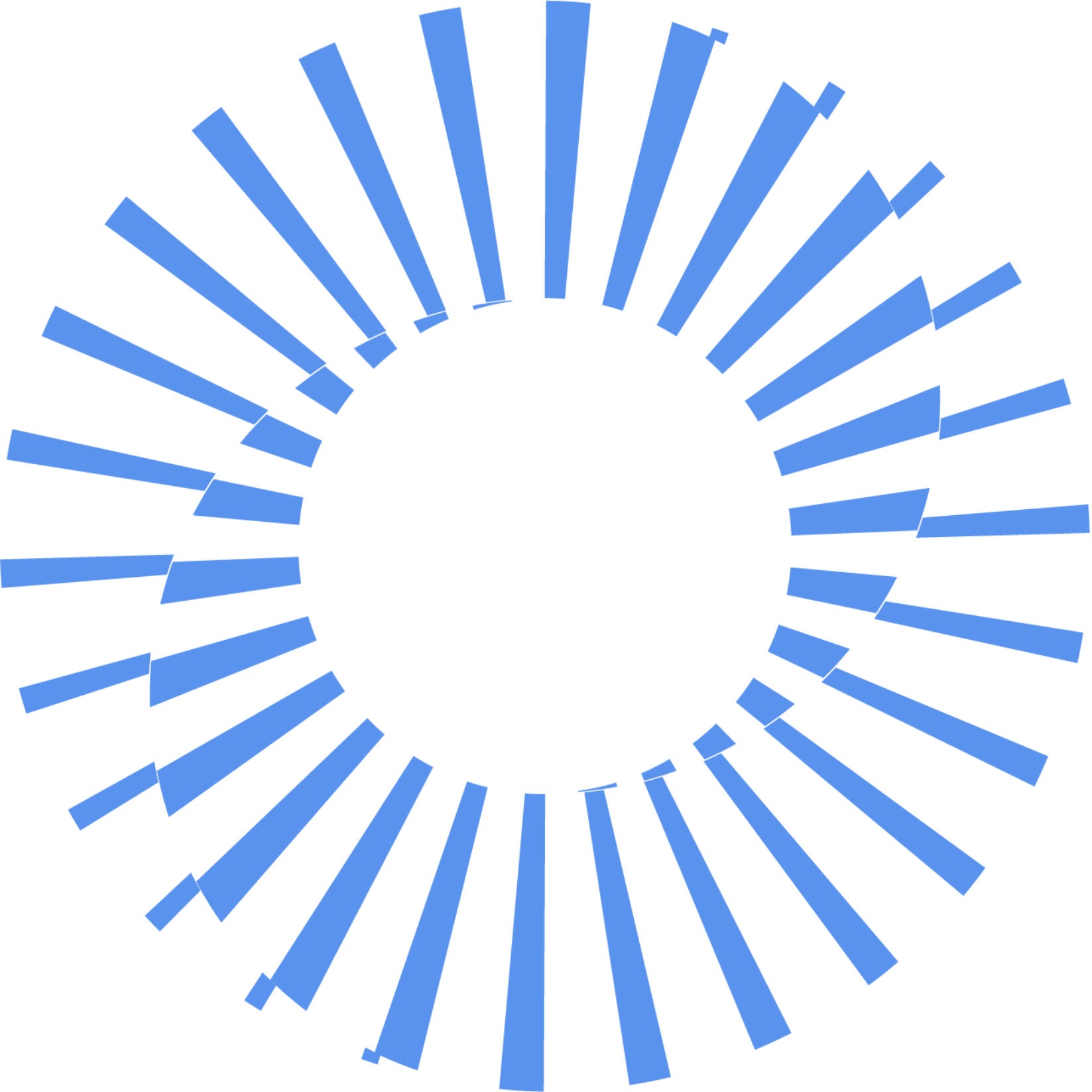A stylized blue sunburst graphic with radiating rectangular rays on a black background.
