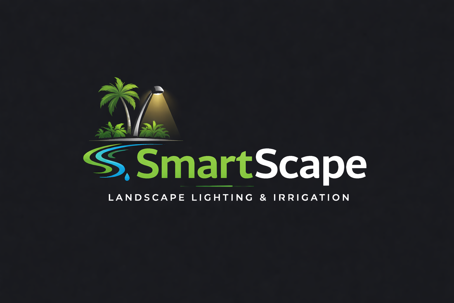 Logo for SmartScape landscape lighting and irrigation featuring a palm tree, smaller plants, a water feature, and a streetlamp illuminating the scene.