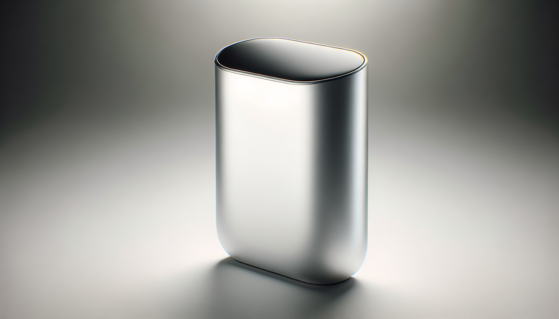 A sleek, silver, rectangular electronic device with rounded edges, possibly a portable speaker or a modern gadget, on a smooth surface with a gradient background.