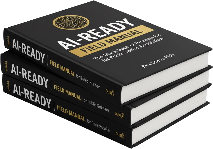 Three black hardcover copies of the book titled 'AI-READY FIELD MANUAL' by Bea Dukes, stacked on a gray surface, with the top book slightly askew showing the cover design.