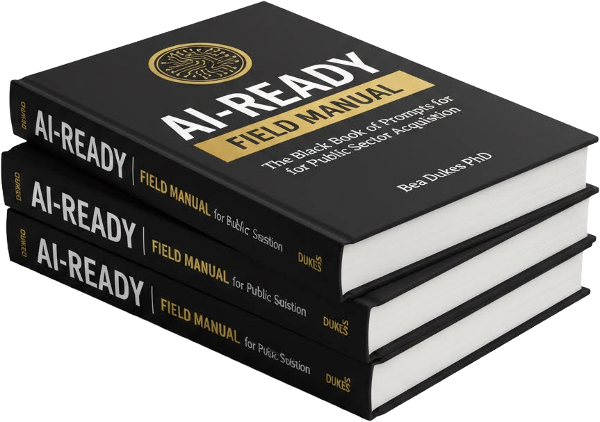 Three copies of the book titled 'AI-Ready Field Manual for Public Sector' stacked on a gray surface, with black covers and gold and white text.