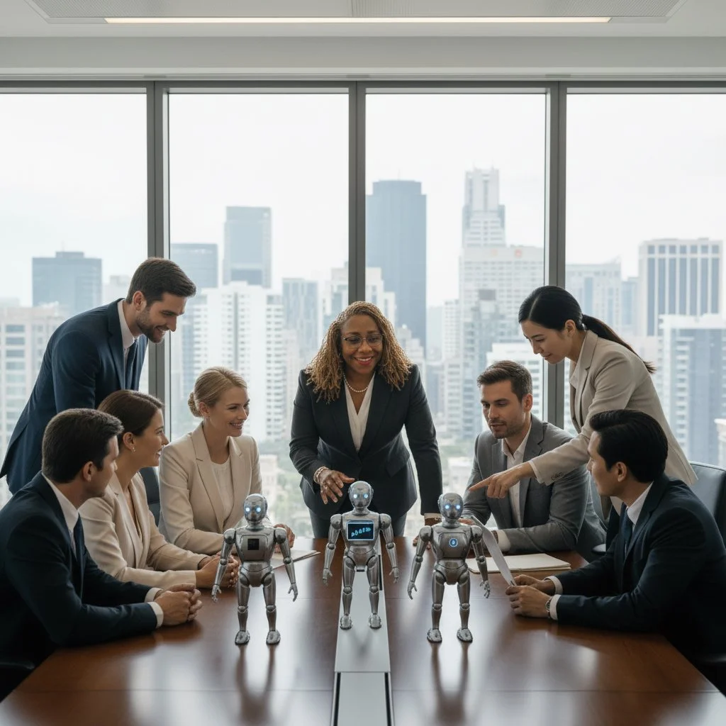 Businesspeople in a meeting room with large windows and a city skyline, gathered around a table with three robots.