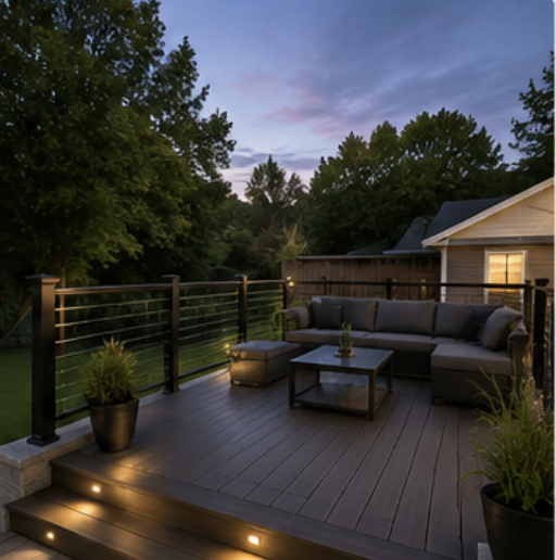 Outdoor wooden deck with seating area, potted plants, and string lights at dusk, overlooking trees and neighboring houses.