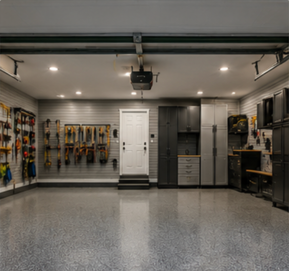 Empty garage with organized tools and storage cabinets on the walls.