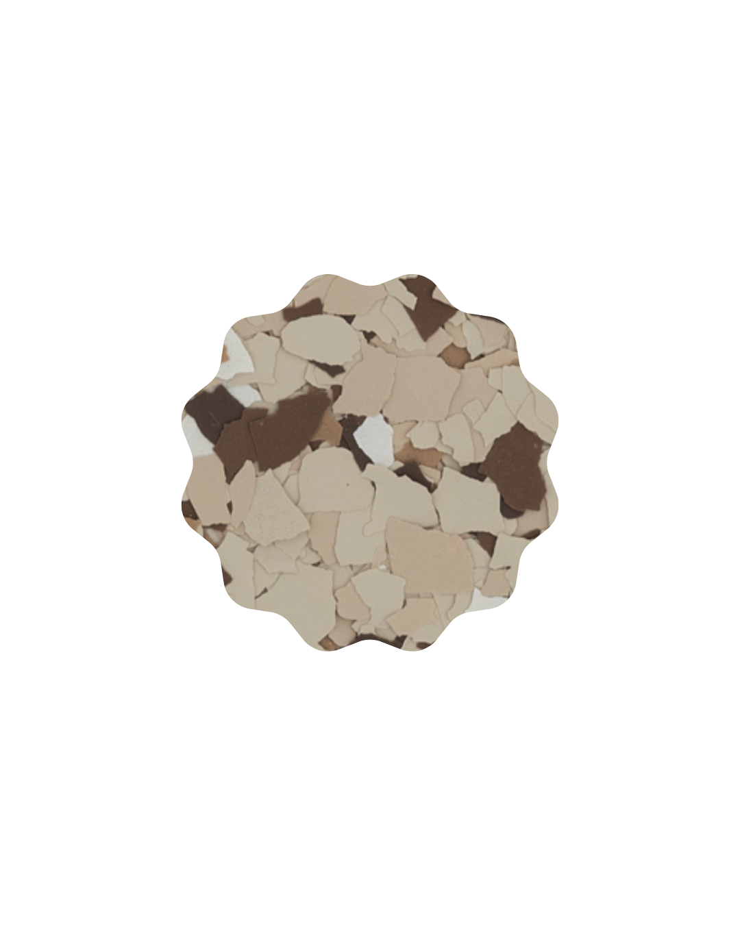 Close-up view of a face made from scattered beige, brown, and white mosaic tiles.