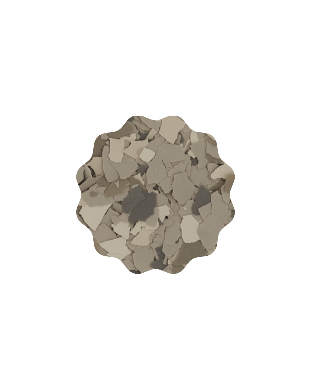 Collection of small, broken pieces of ceramic or tile in various shades of gray and white.