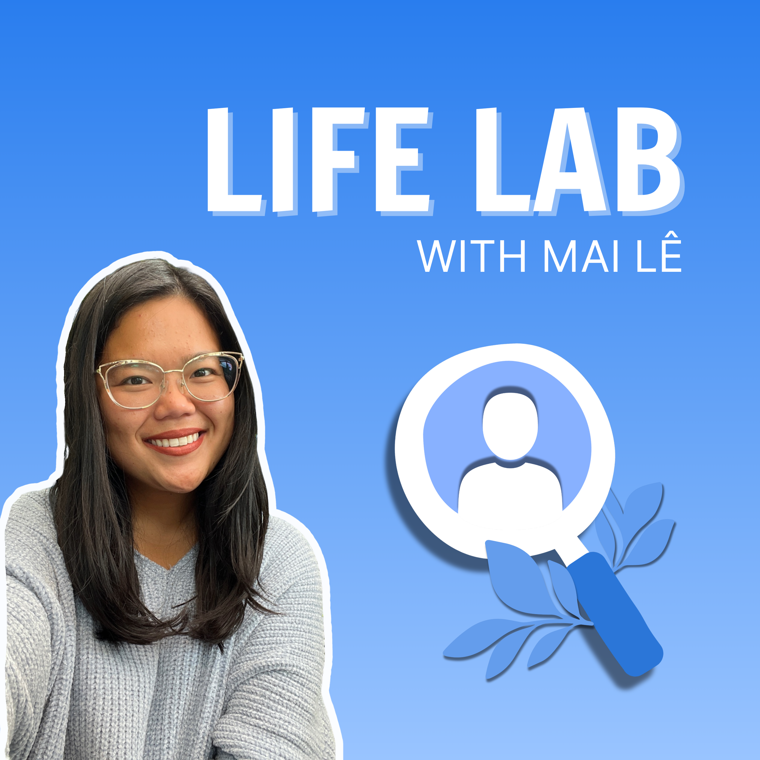 Close-up of a smiling woman with long dark hair, wearing glasses and a light gray sweater, against a blue background with white text and design elements.