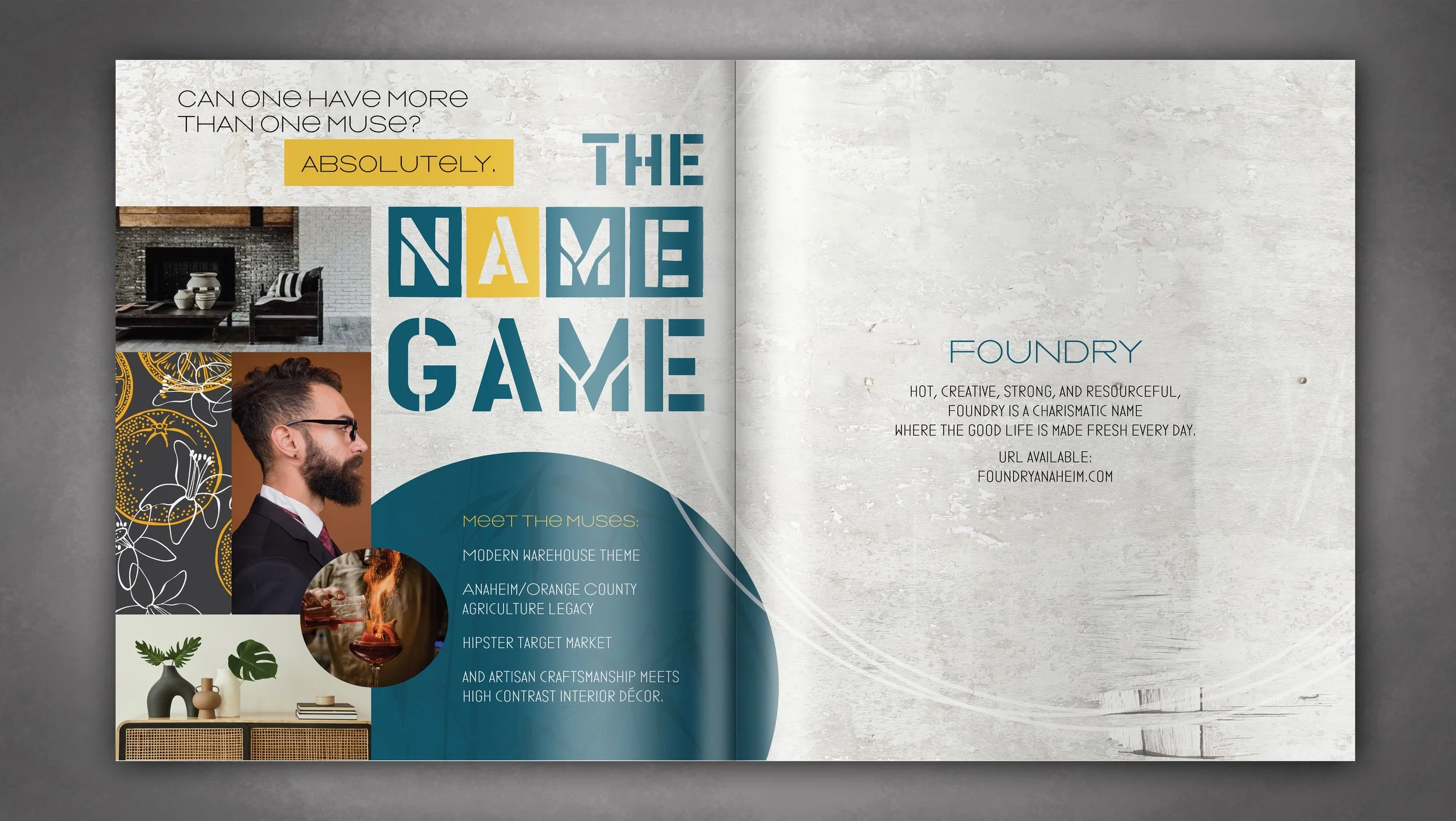 Foundry Naming Explanation Spread called the Name Game with collage of Orange County ephemera and interior design elements