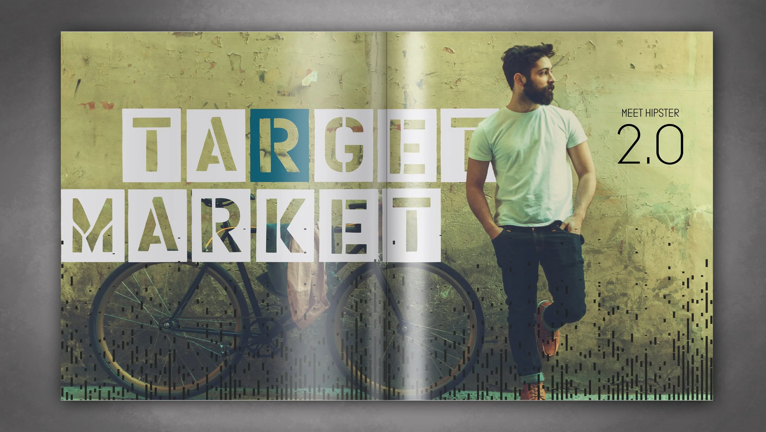 Foundry Target Market Spread with man in tshirt standing against a concrete wall next to a bicycle