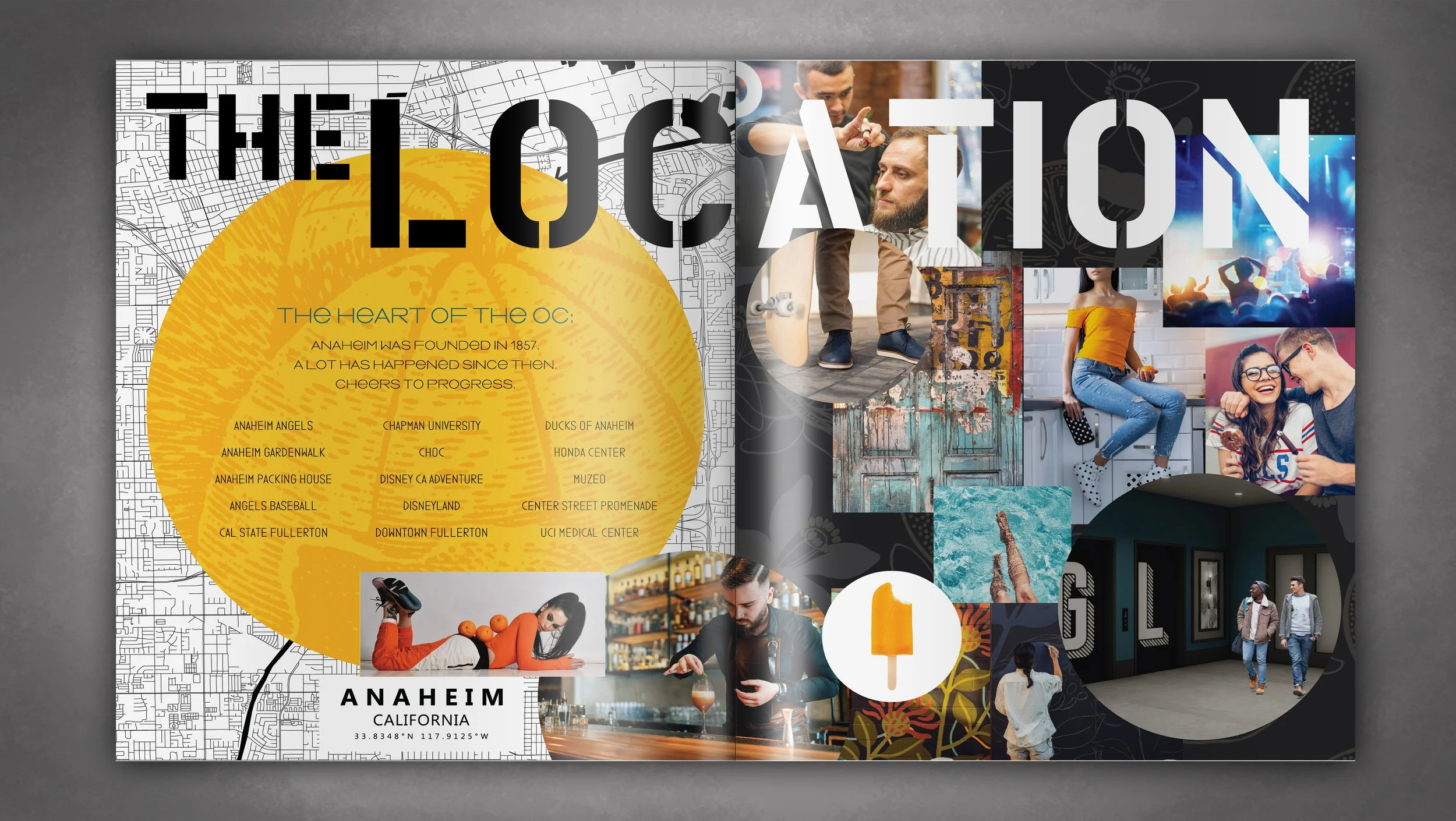Foundry Location Spread featuring map of Anaheim with a giant orange overlay and lifestyle collage