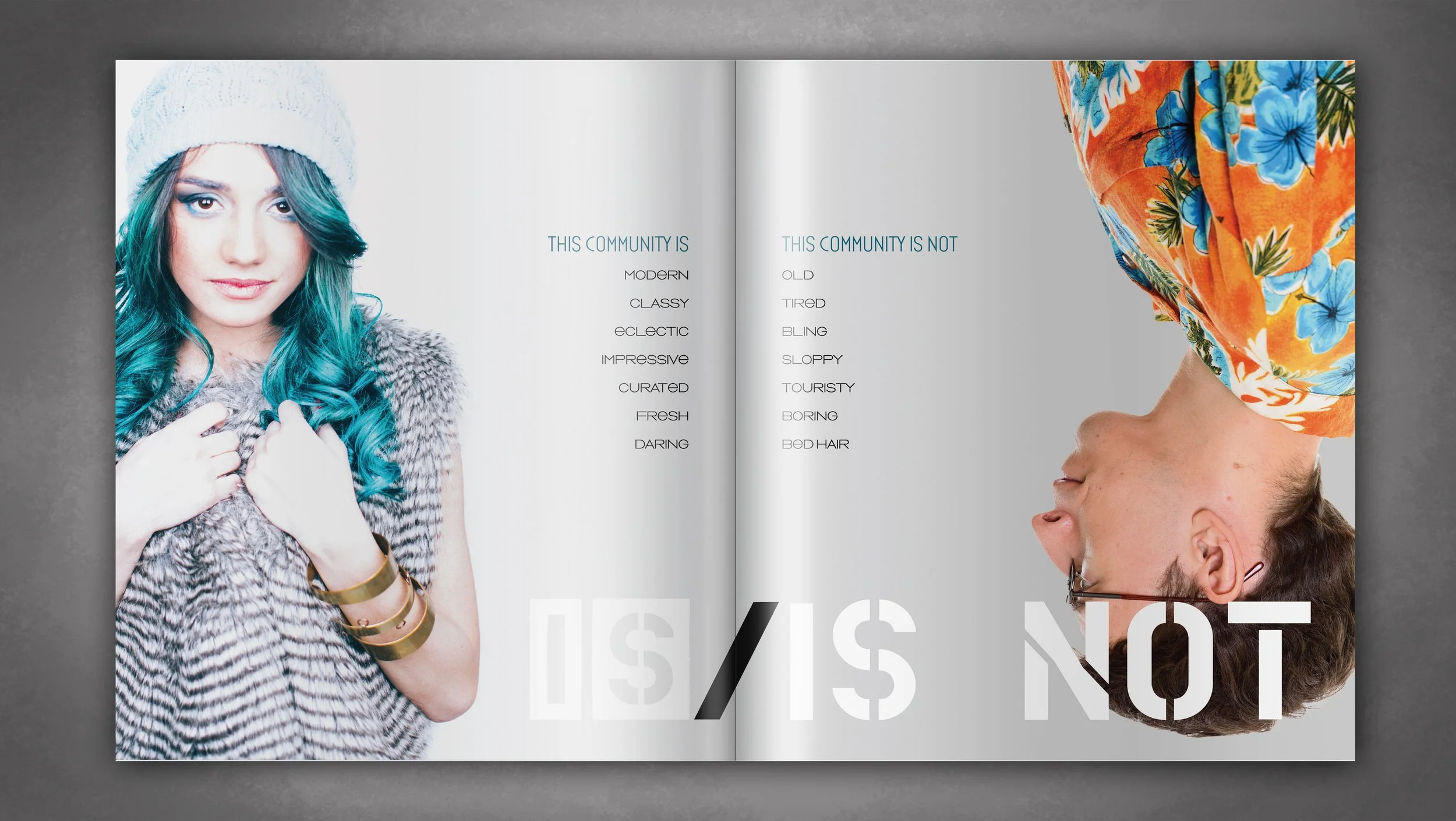 Foundry IS IS NOT Spread featuring a expressive young woman in feathered vest and teal hair as the IS and a nerdy young man in a hawaiian shirt upside down as the IS NOT