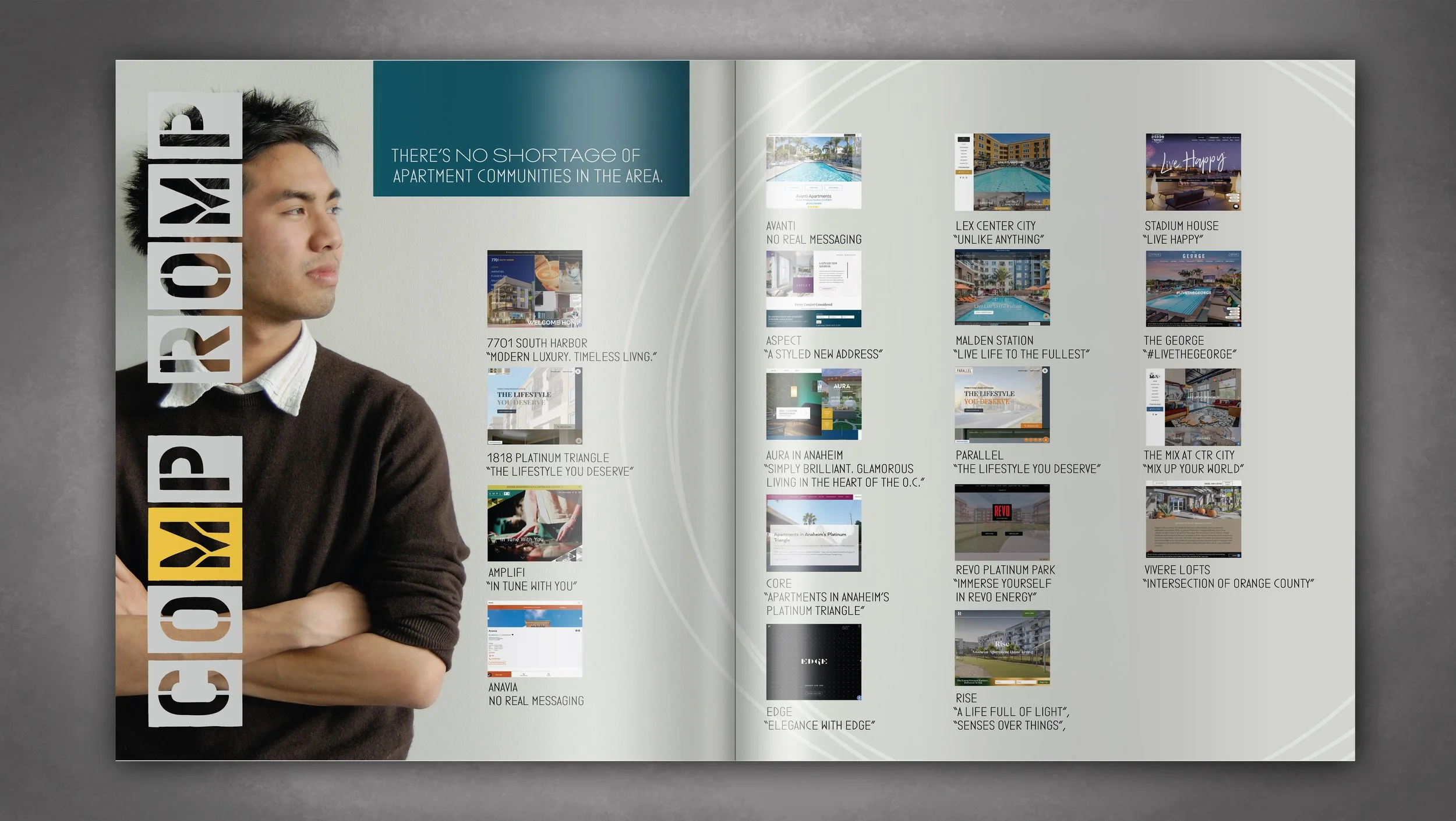 Young asian man dressed in a brown sweater and arms crossed. He is looking at thumbnails of the competition's websites