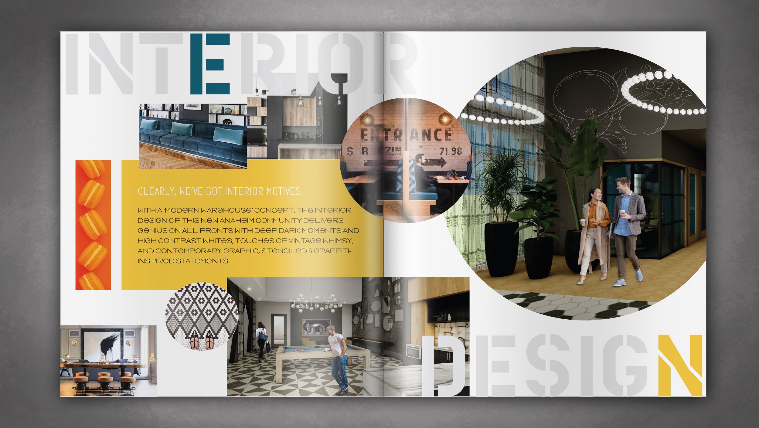 Foundry Interior Design Details highlighted in circles with teal, yellow and orange accents