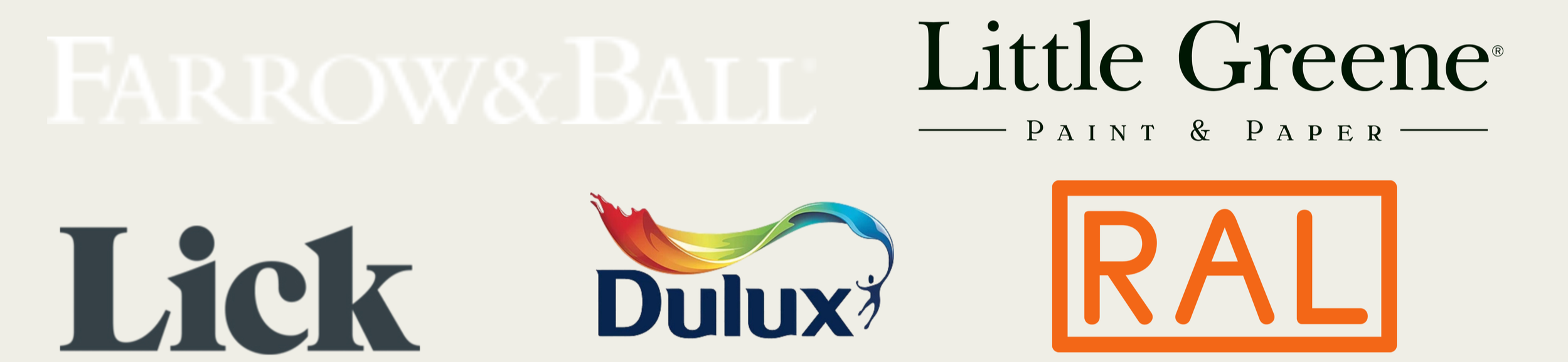 A collage of logos for different brands including Farrow & Ball, Little Greene, Lick, Dulux, and RAL.