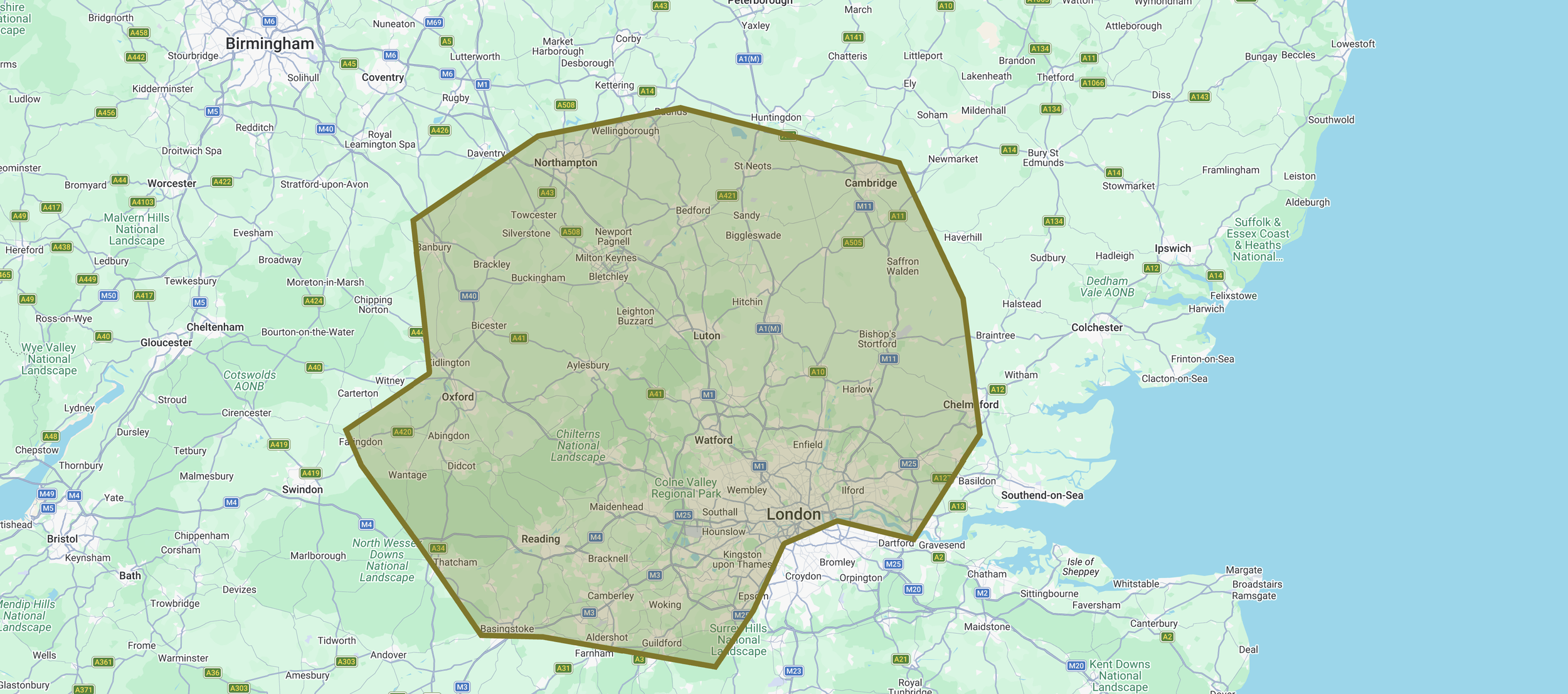 Map showing a large gray area around London, England, bounded by a thick brown line, indicating a specific zone or boundary.