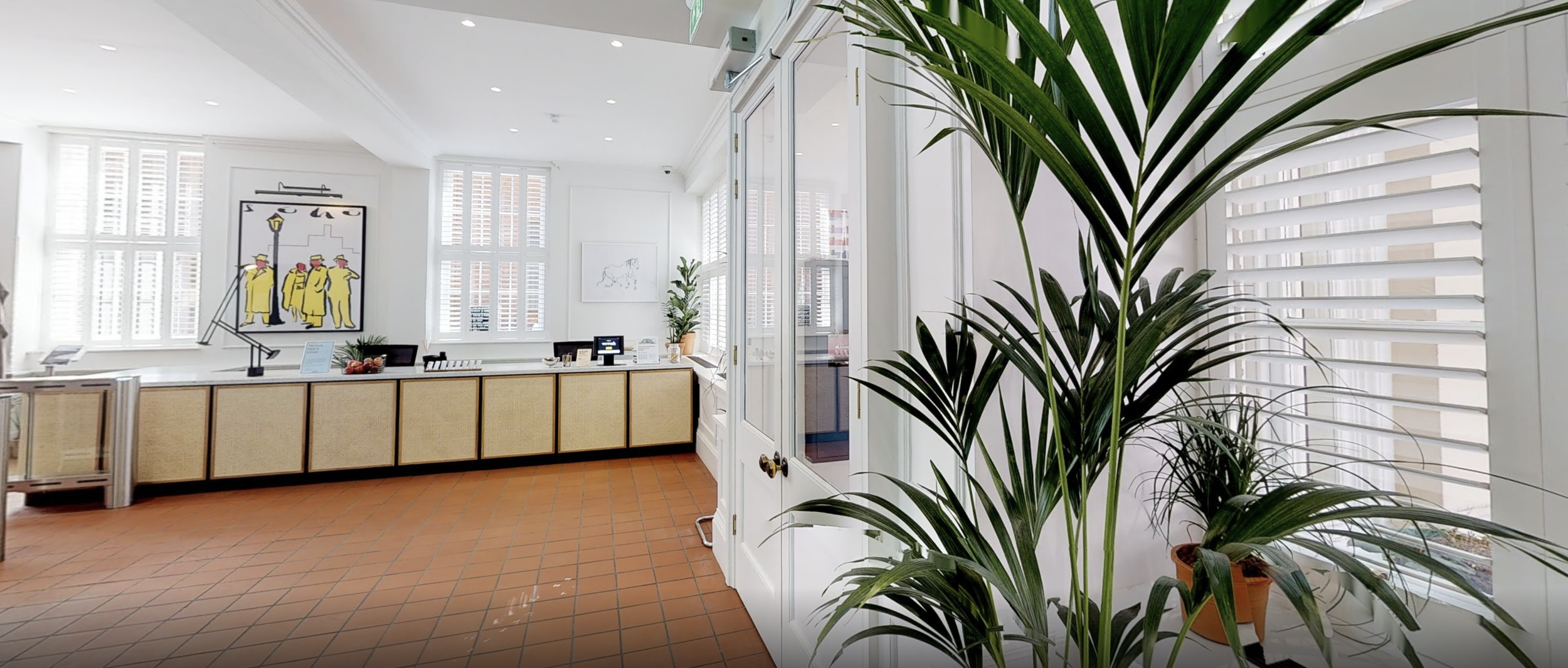 A bright hotel lobby with a reception desk, large windows with white shutters, indoor plants, and modern artwork on the walls.