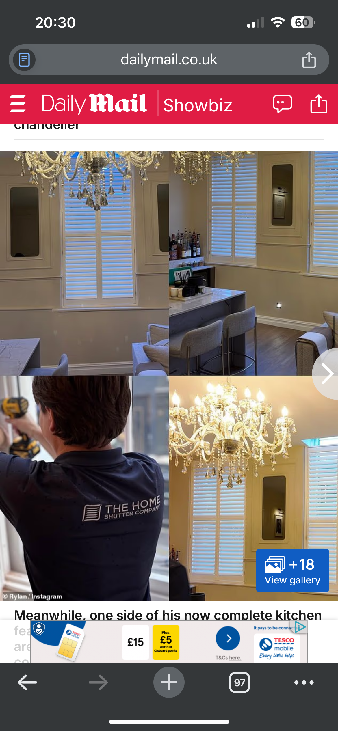 Four images of a luxurious dining room and a person working on installing blinds. The first and last images show a room with white walls, blue shutters on the windows, and an ornate chandelier. The second image shows a bar area with bottles and bar tools. The third image features a person with a black shirt labeled 'THE HOME SHUTTER COMPANY' working on the window shutters.