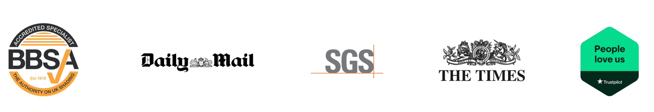 Logos of various organizations including BBA, SGS, The Times, and Trustpilot with the phrase 'People love us'.