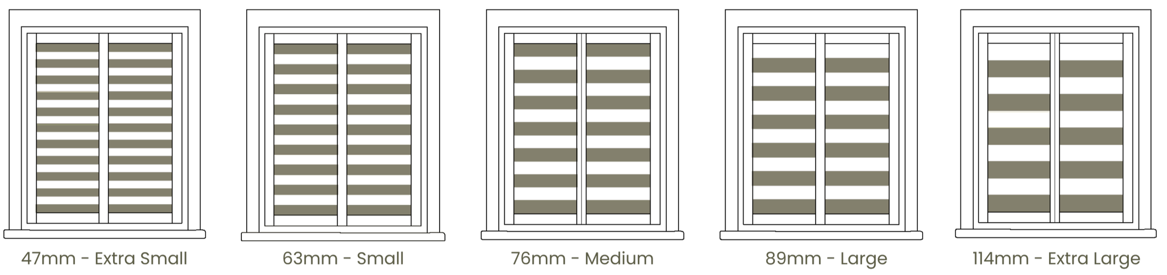 Size comparison chart showing different lens diameters: 47mm extra small, 63mm small, 76mm medium, 89mm large, 114mm extra large.