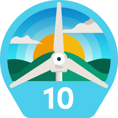 A weather or wind gauge with a sun, clouds, green hills, and a blue sky in the background, and the number 10 at the bottom.