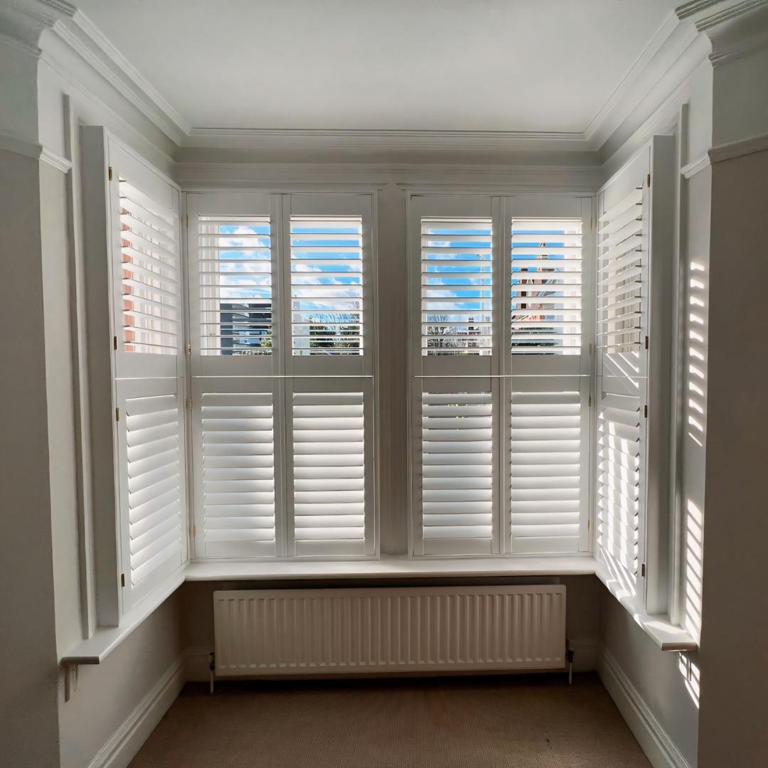 Bright room with tall white plantation shutters on the windows, and a radiator below.