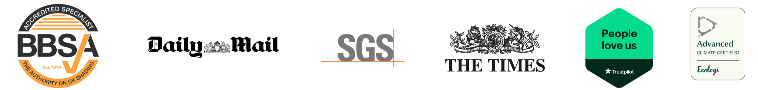 Close-up of logos of various organizations including BBA, SGS, The Times, People Love Us, and Ecologi.