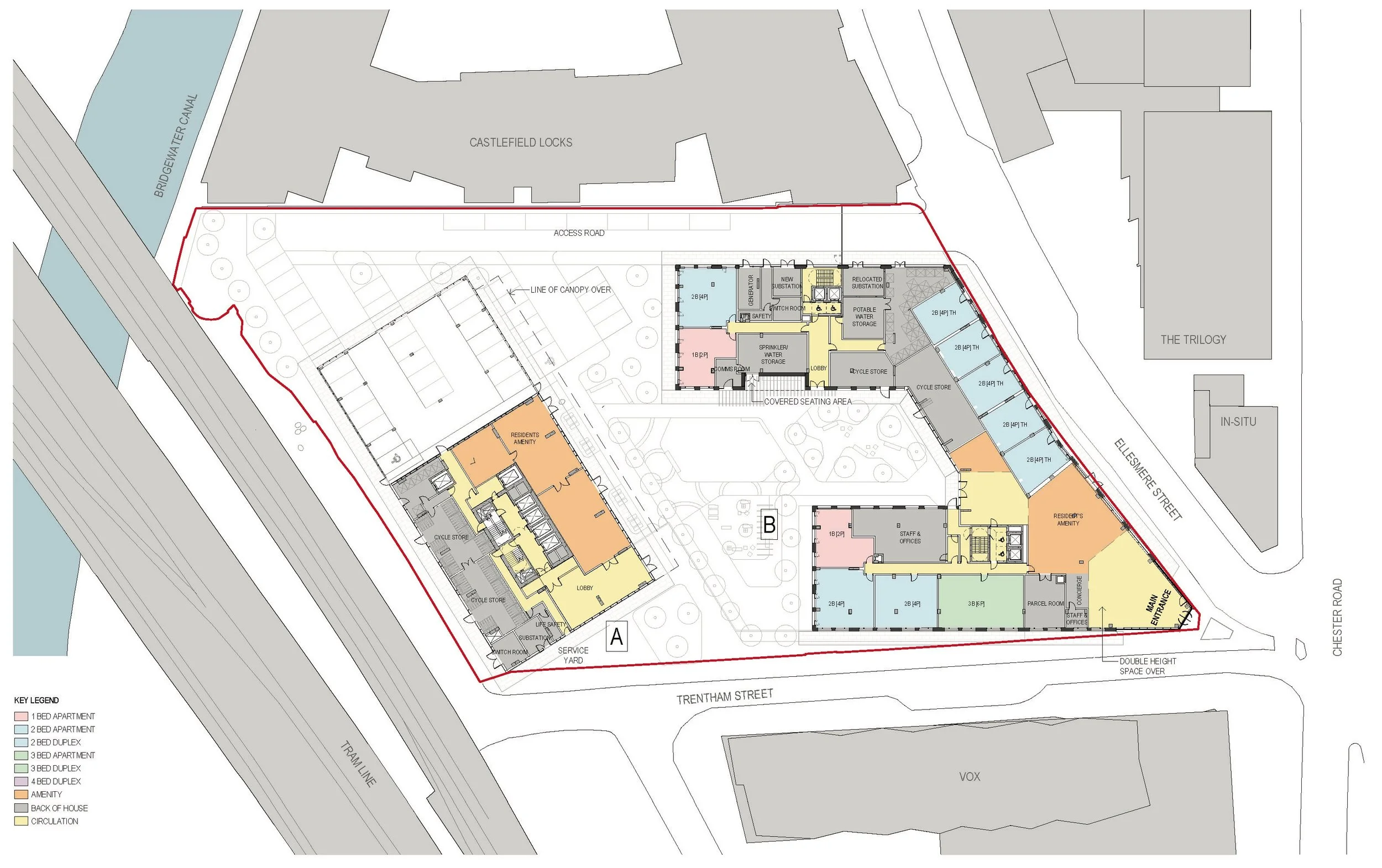 Architectural site plan of a residential complex featuring multiple buildings, parking areas, greenery, and pathways along streets named Chesterton Road and Trentham Street.