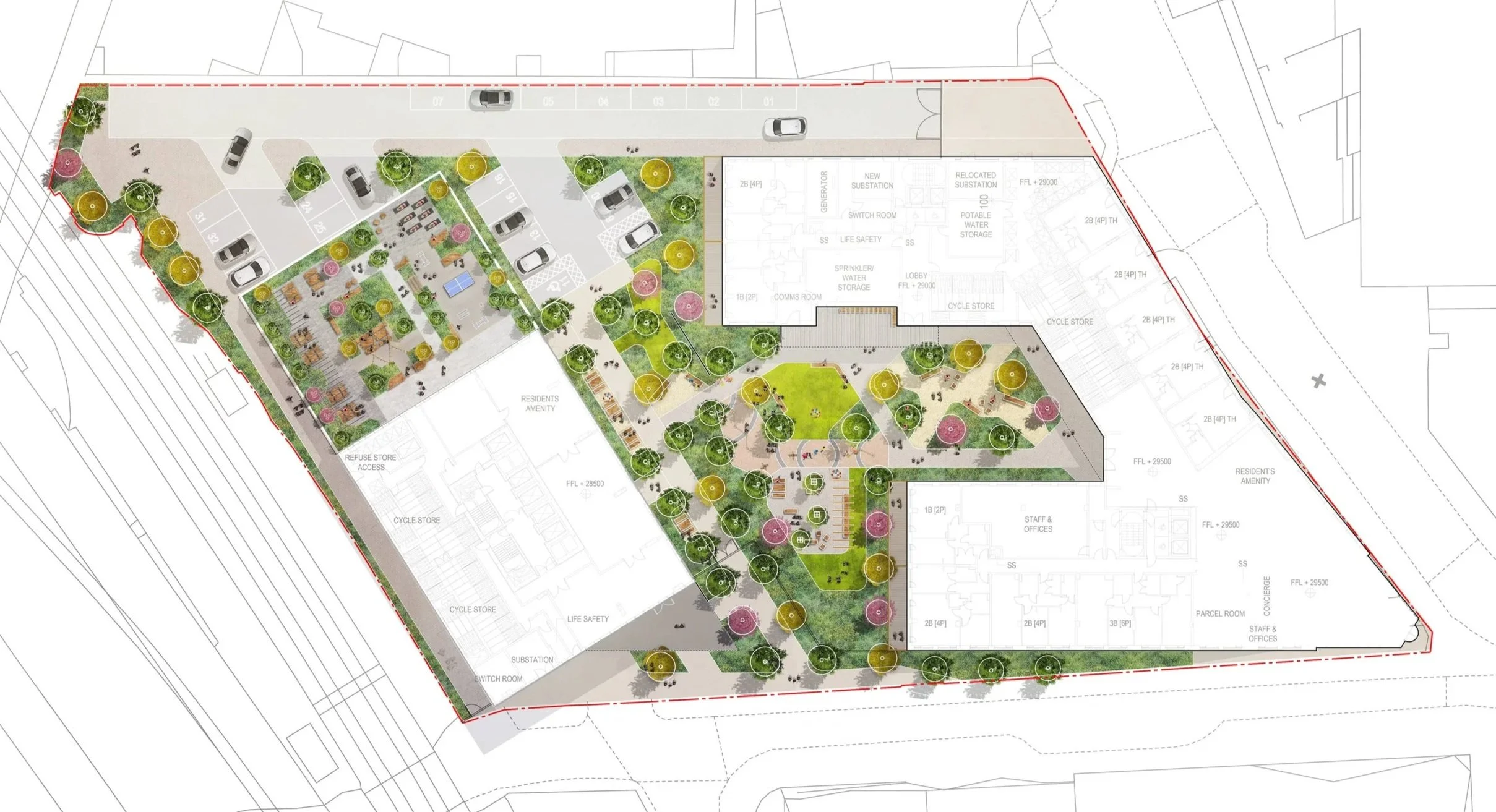 A detailed site plan of a landscaped urban development with parking, pedestrian pathways, green spaces, and amenities.
