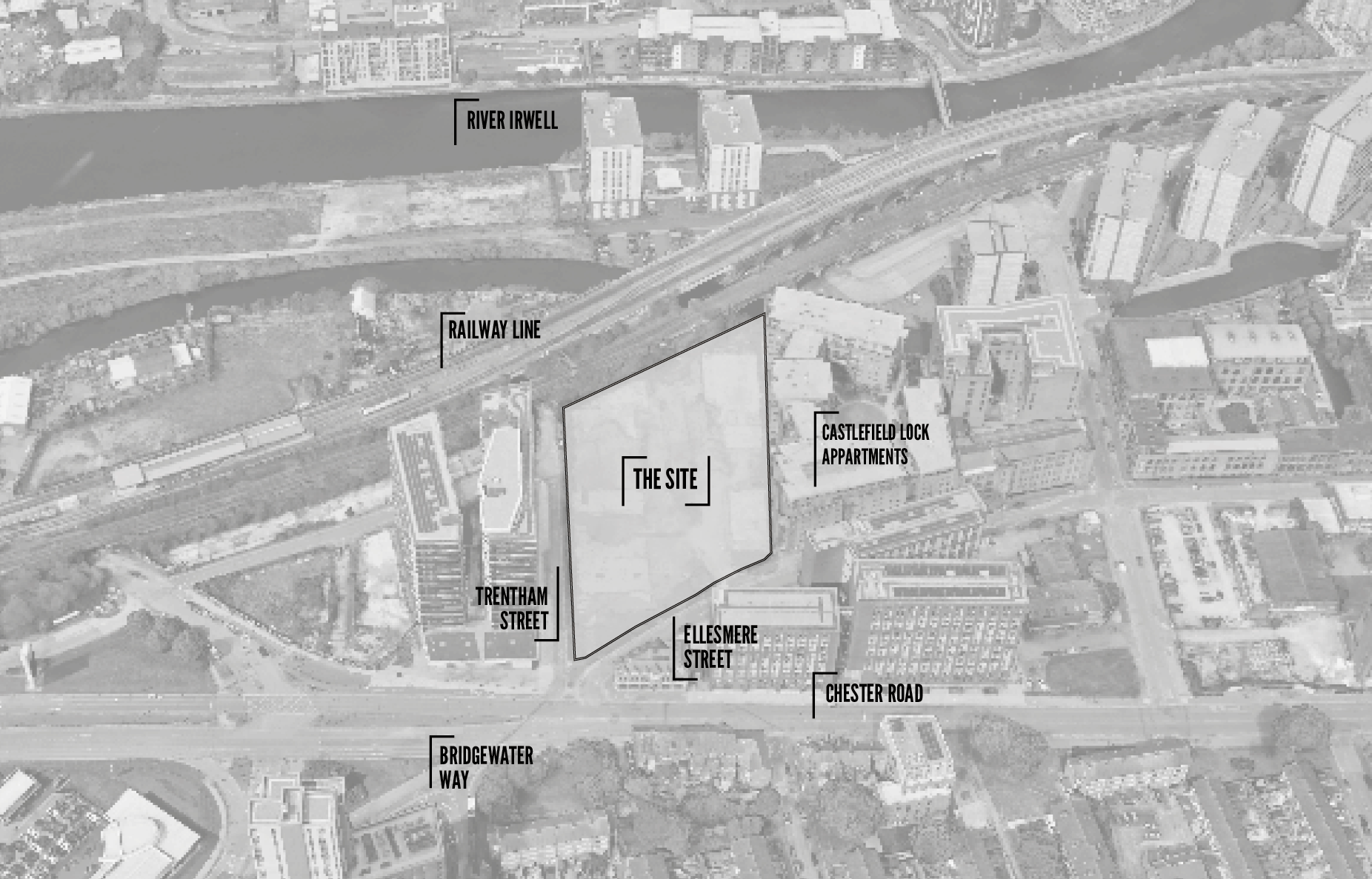 Aerial view of an urban area with a river labeled 'River Irwell', railway line, roads, and several buildings. The site is marked and bordered by streets including Trentham Street, Ellesmere Street, Chester Road, and Bridgewater Way. Nearby landmarks include Castlefield Lock Apartments and the site labeled 'The Site'.