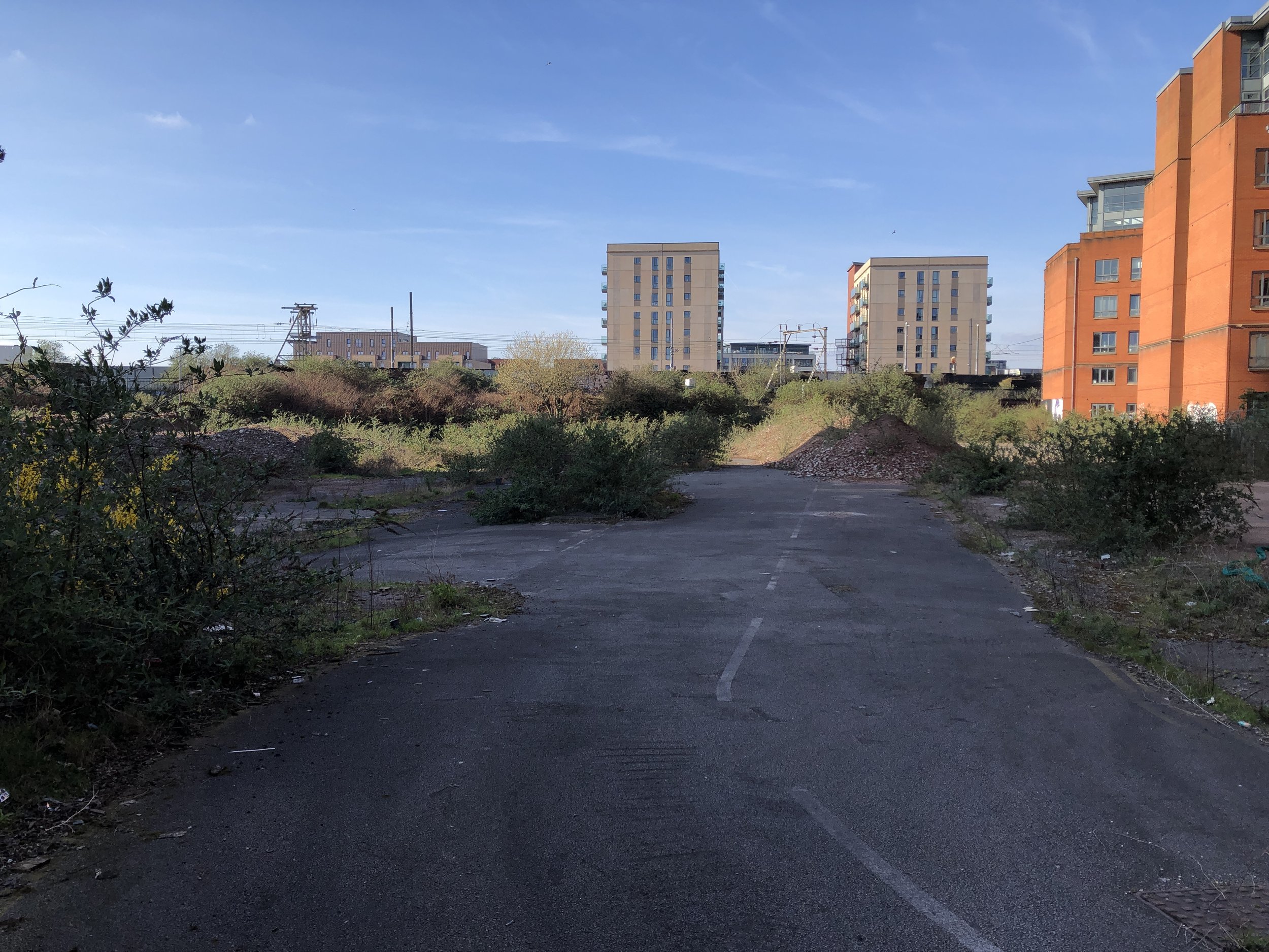 An empty parking lot with overgrown weeds and bushes, in front of residential buildings, under a clear blue sky.