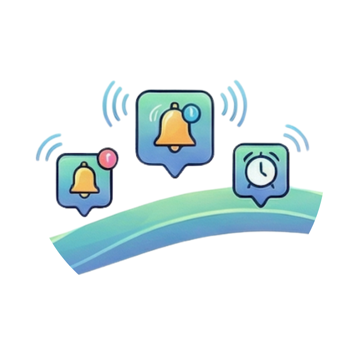Digital illustration of notifications, including bell icons with alert badges and a clock, representing alerts and reminders, floating over a curved gradient background.
