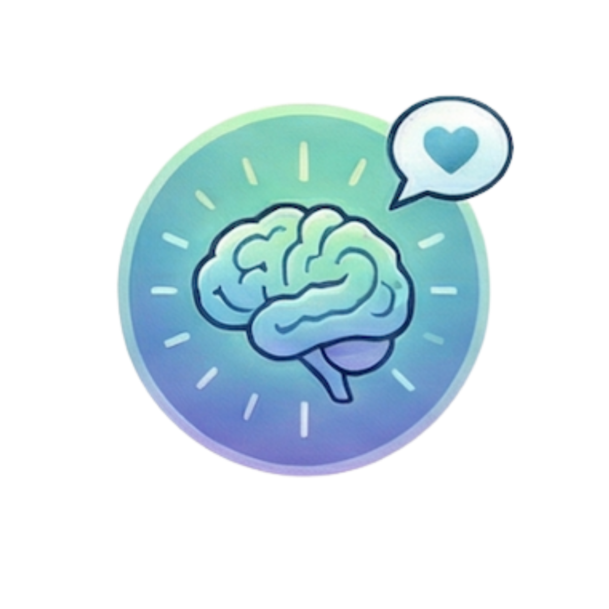 Illustration of a brain with a speech bubble containing a heart, surrounded by light rays, symbolizing love or positive thinking.