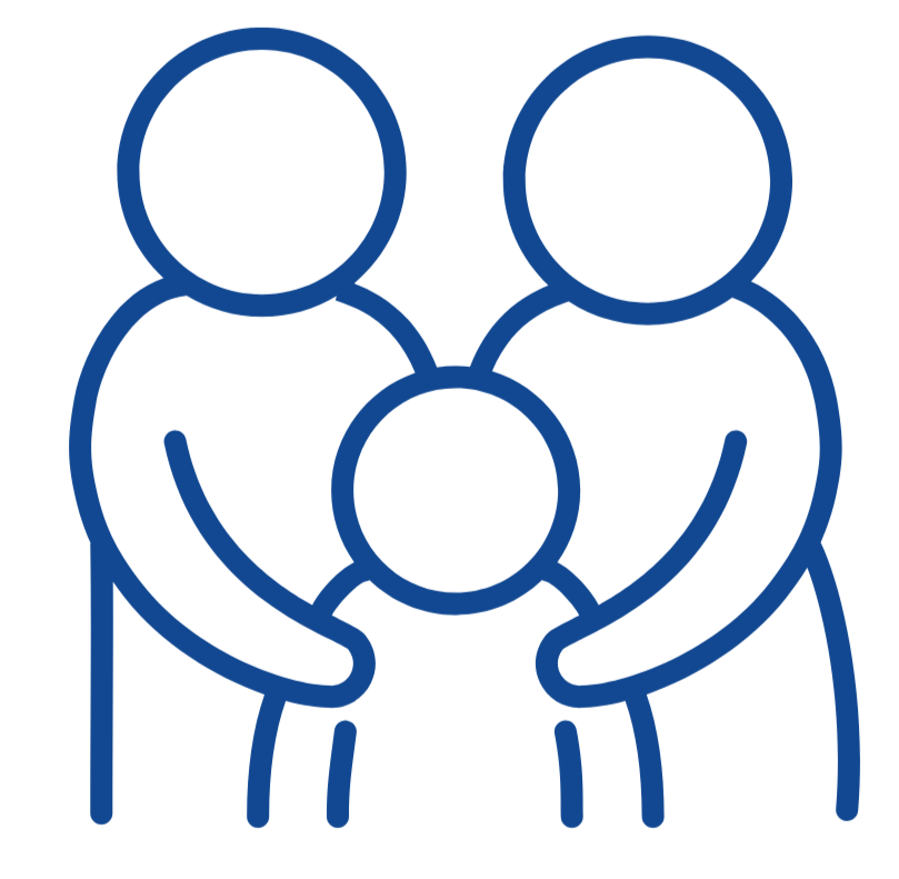 Outline illustration of three people, two adults and one child, embracing in a group hug.