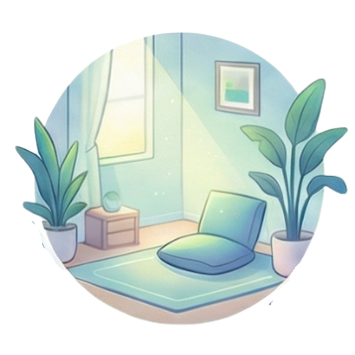 Sunlit cozy living room with a blue rug, cushion, large green plants, a small table, a framed picture on the wall, and a window with curtains.