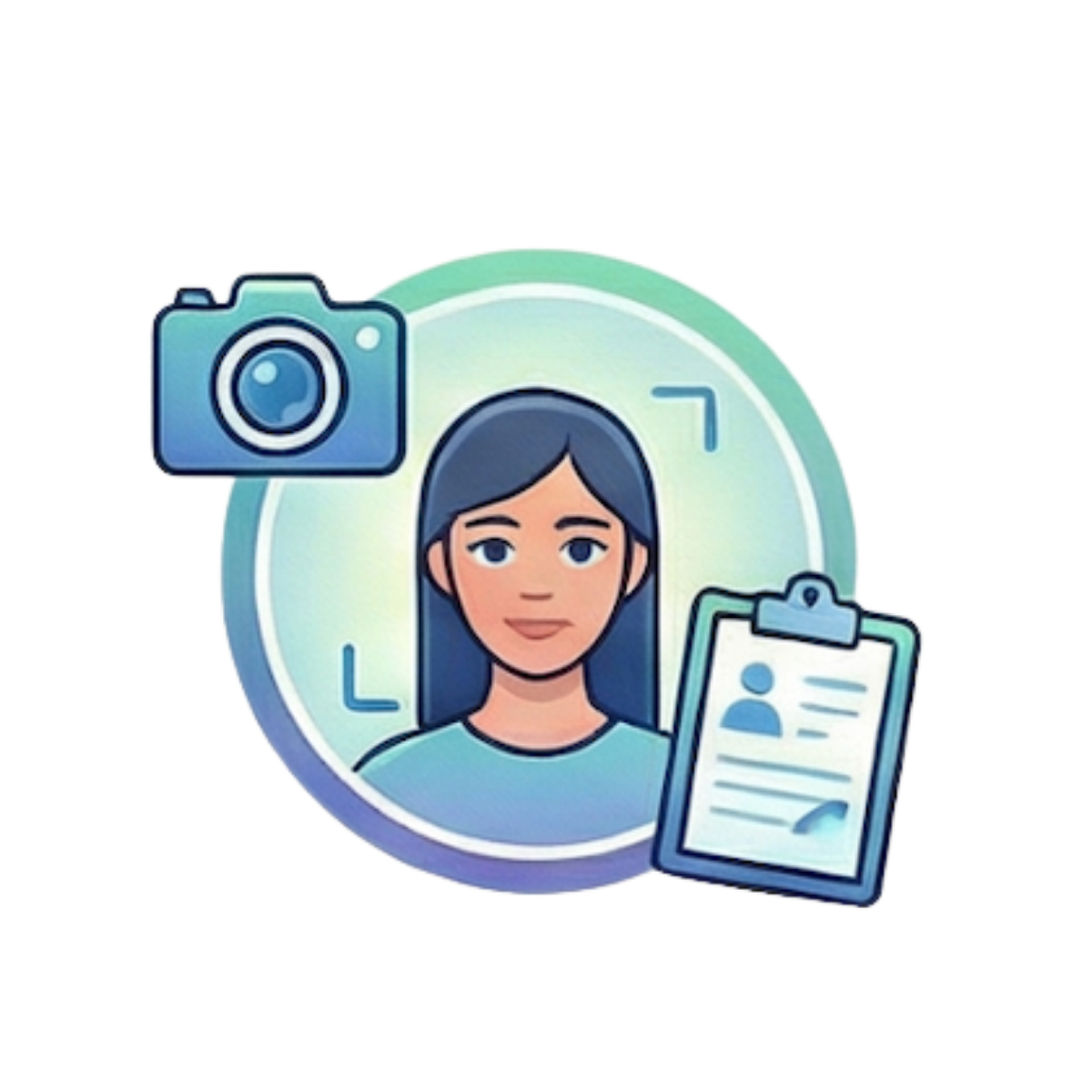 Digital illustration of a woman with dark hair inside a circular frame, with a camera icon above her head and a clipboard with a profile icon and text to the right.