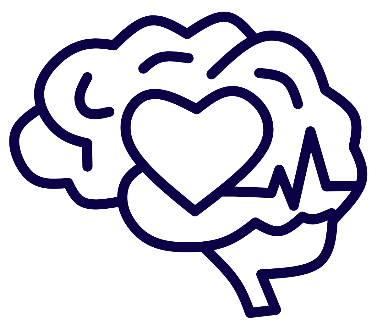Outline of a human brain with a heart inside it and an EKG line