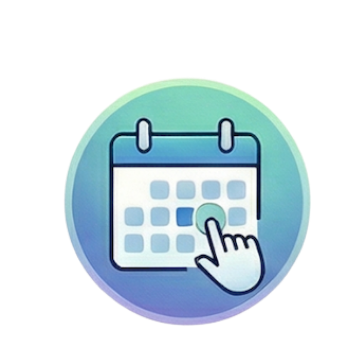 A digital icon of a calendar with a hand pointing to a specific date.
