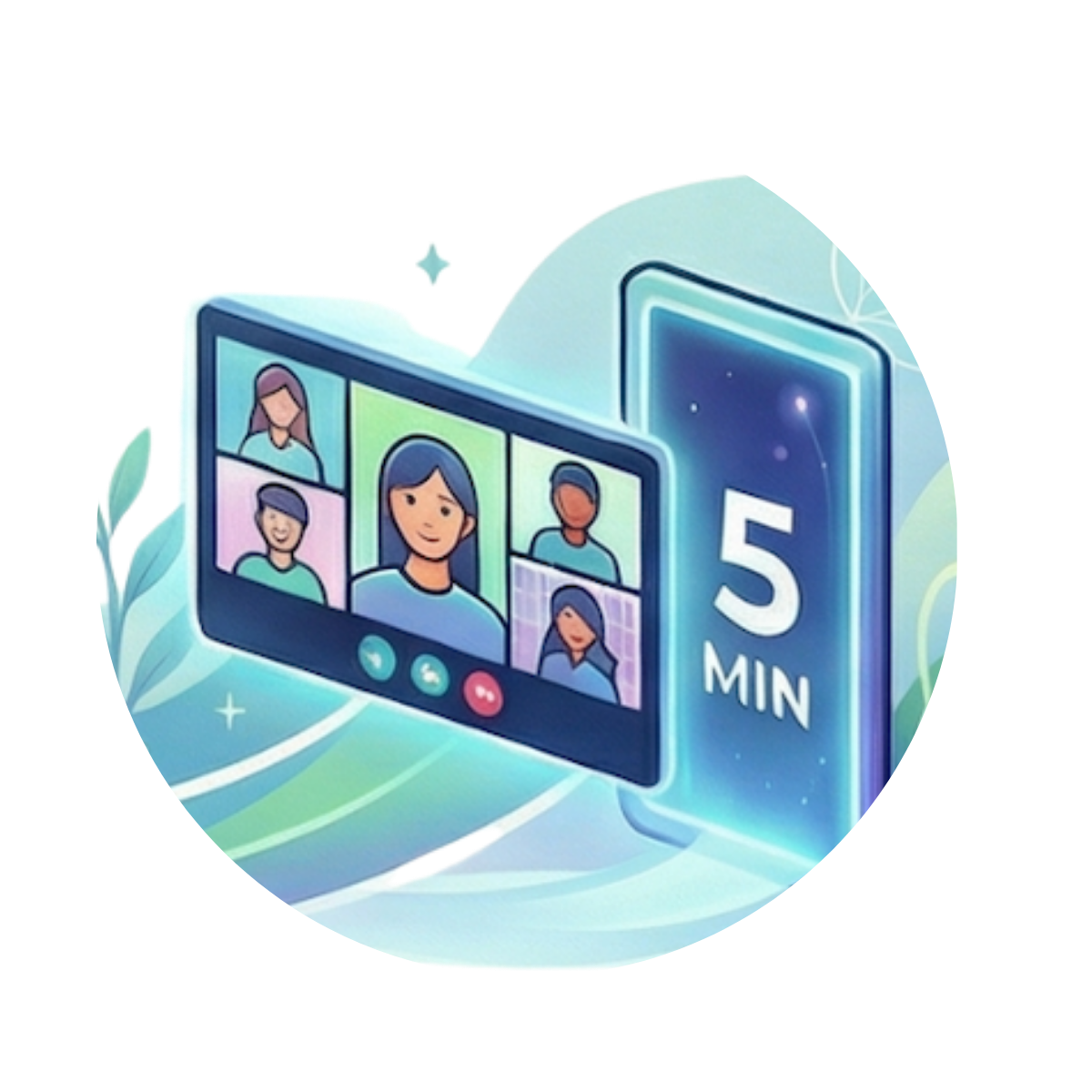 A digital illustration of a video conference call with five participants, a tablet showing the call, and a mobile device displaying a 5-minute countdown.
